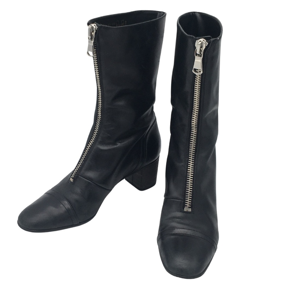 Zara Black Leather Mid-Calf Heeled Boots with Front Zipper